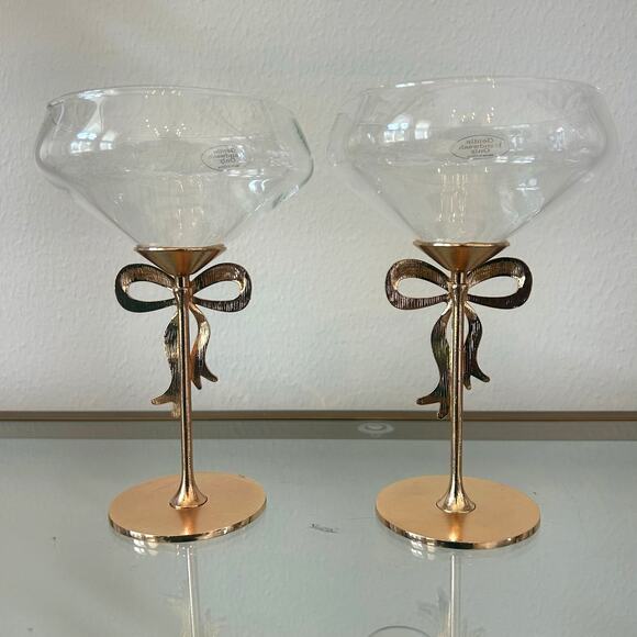New Viral GOLD BOW Rhinestone Coupe Cocktail Glasses Set of 2 New - Picture 9 of 10